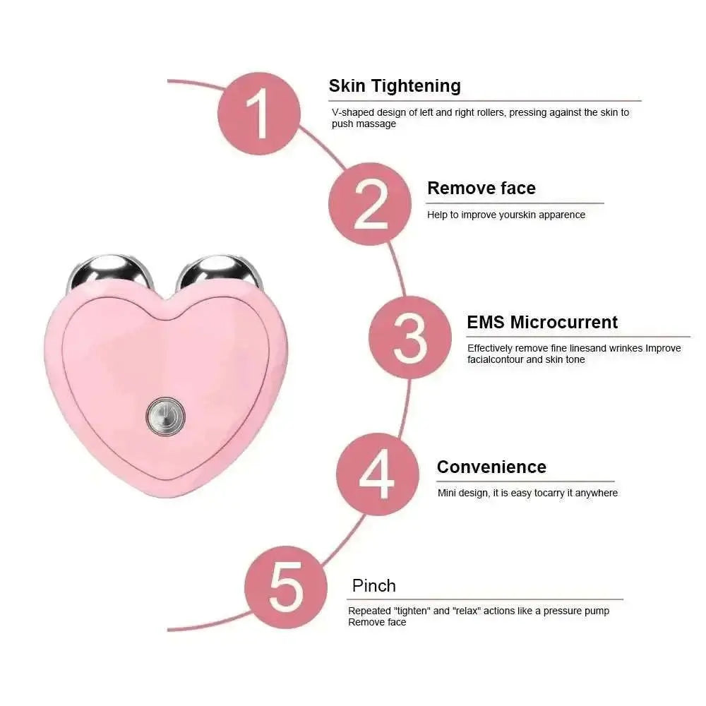 Pink heart-shaped microcurrent face lifting massager with ergonomic design for skin tightening and wrinkle reduction.