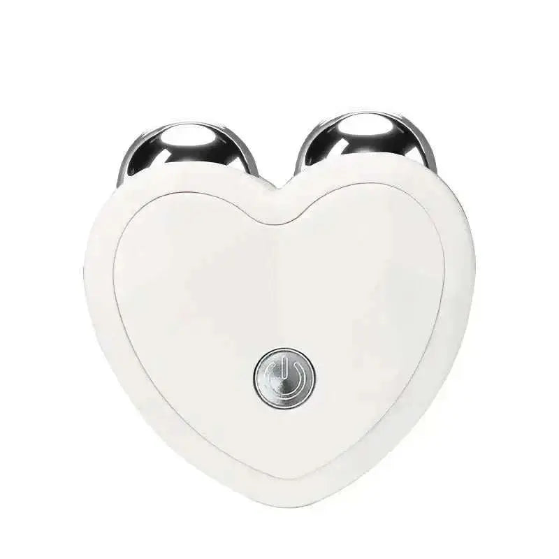 Compact white heart-shaped microcurrent face lifting massager with dual metal nodes and power button for skin toning and anti-aging care