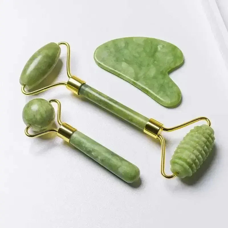 Natural Jade Face Massage Set with roller and Gua Sha tool for skin rejuvenation and contouring