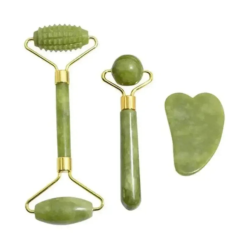 Natural jade face massage set with roller and gua sha tool for skin care and facial contouring