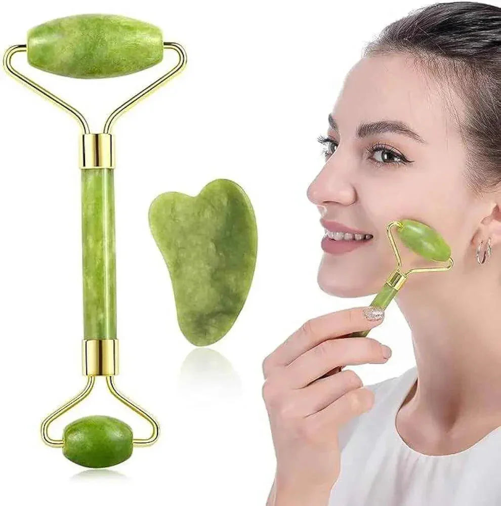 Natural Jade Face Massage Set with roller and Gua Sha tool for facial skincare and contouring