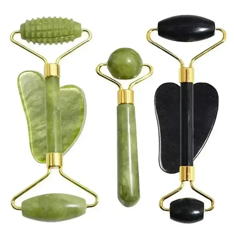 Natural Jade Face Massage Set with roller and Gua Sha tools for sculpting and improving skin firmness
