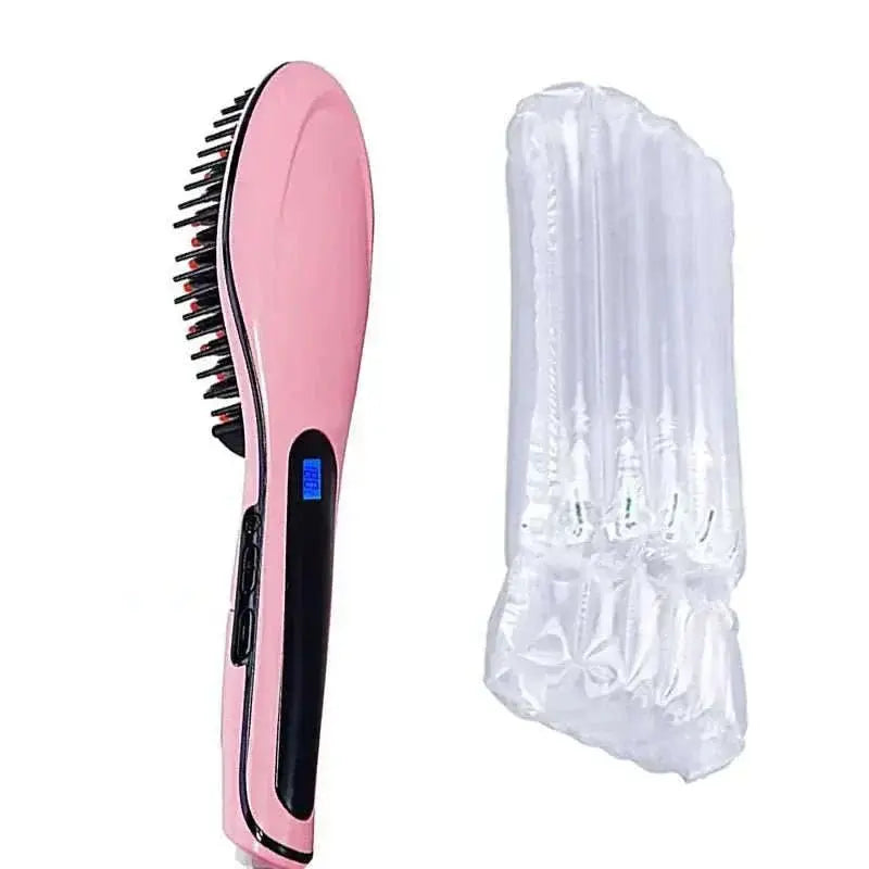 Pink Professional Hair Straightening Brush with digital display and protective cover for sleek, shiny, frizz-free hair styling.