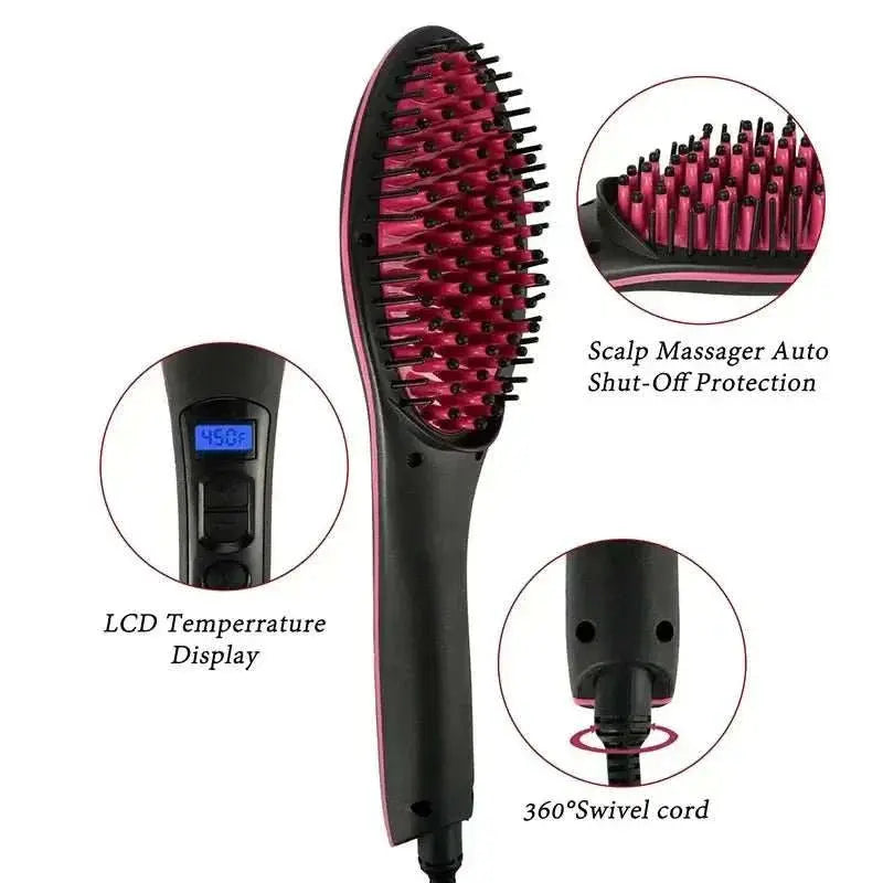 Professional Hair Straightening Brush with LCD display, scalp massager auto shut-off, and 360° swivel cord for quick styling.
