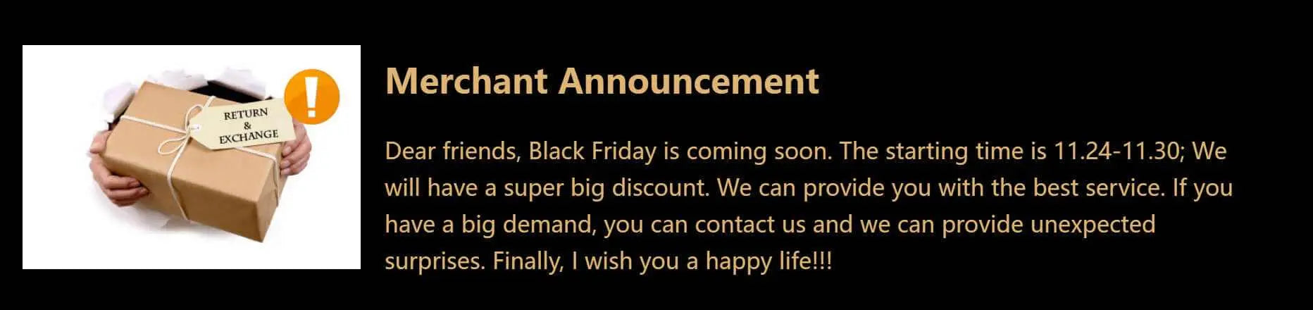 Professional Hair Straightening Brush Merchant announcement Black Friday sale notice with person holding return package box.