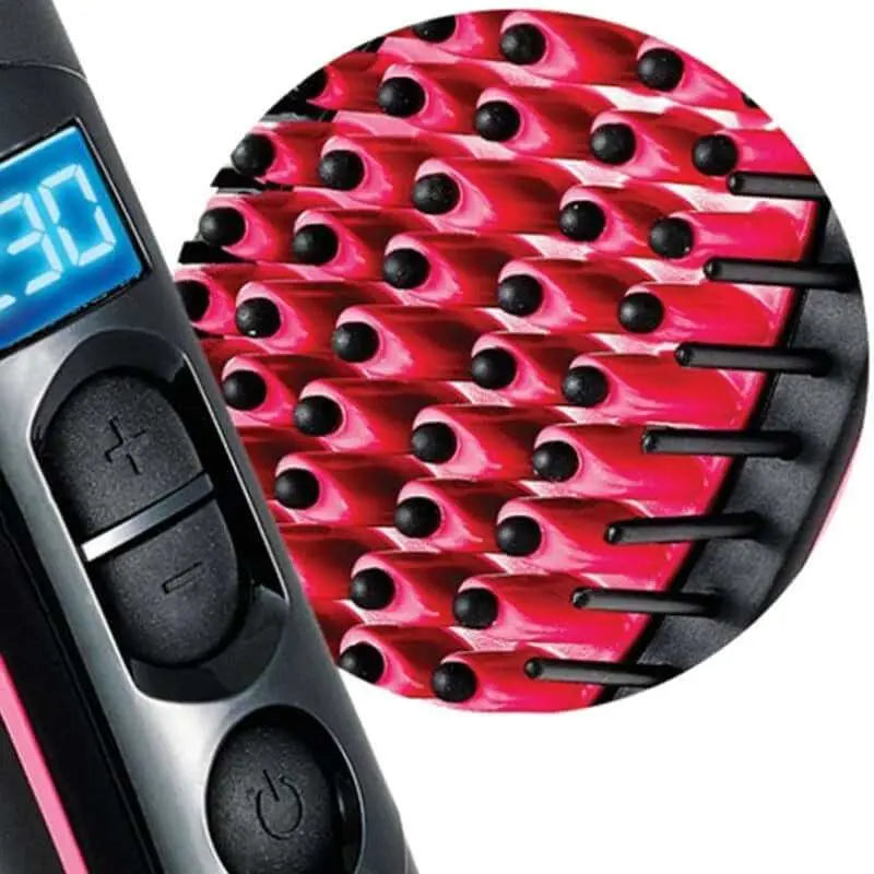 Professional Hair Straightening Brush Close-up of Professional Hair Straightening Brush showing digital temperature display and advanced bristle design.