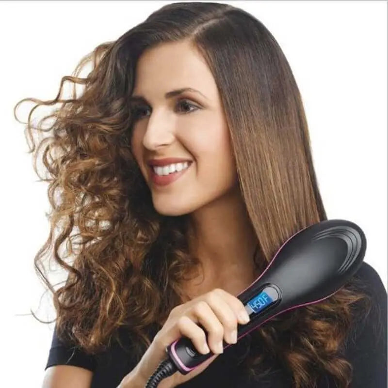 Professional Hair Straightening Brush Woman using Professional Hair Straightening Brush for sleek, shiny, and frizz-free hair with advanced heat technology.