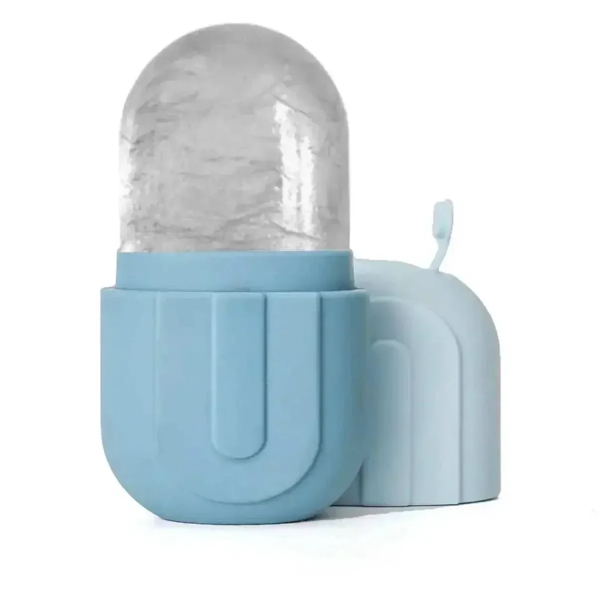Blue silicone ice roller for face with clear ice-filled head and protective cap for skincare cooling and depuffing.