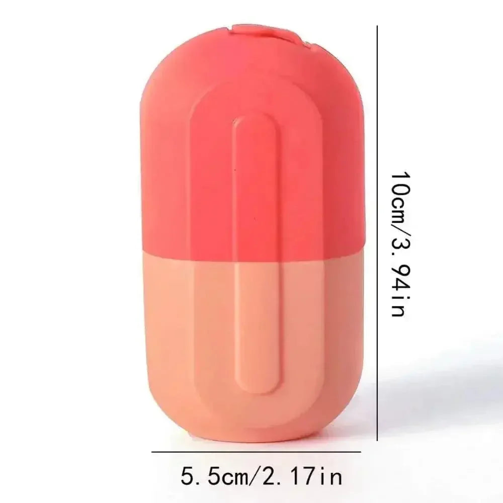 Compact silicone ice roller for face measuring 10cm by 5.5cm for refreshing and lifting skin.
