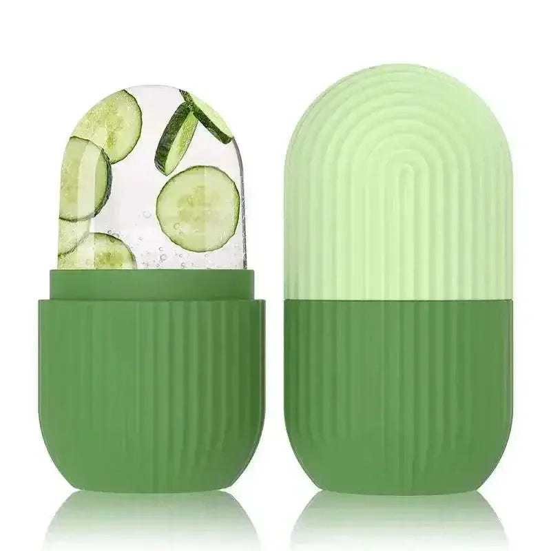 Silicone ice roller with cucumber-infused cooling gel for facial skincare and puffiness reduction