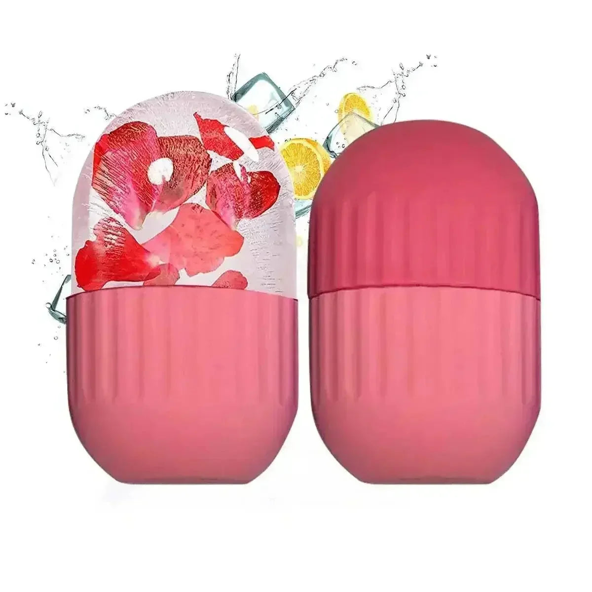 Pink silicone ice roller for face with floral and citrus infusion inside, designed for skincare refreshment and lifting.