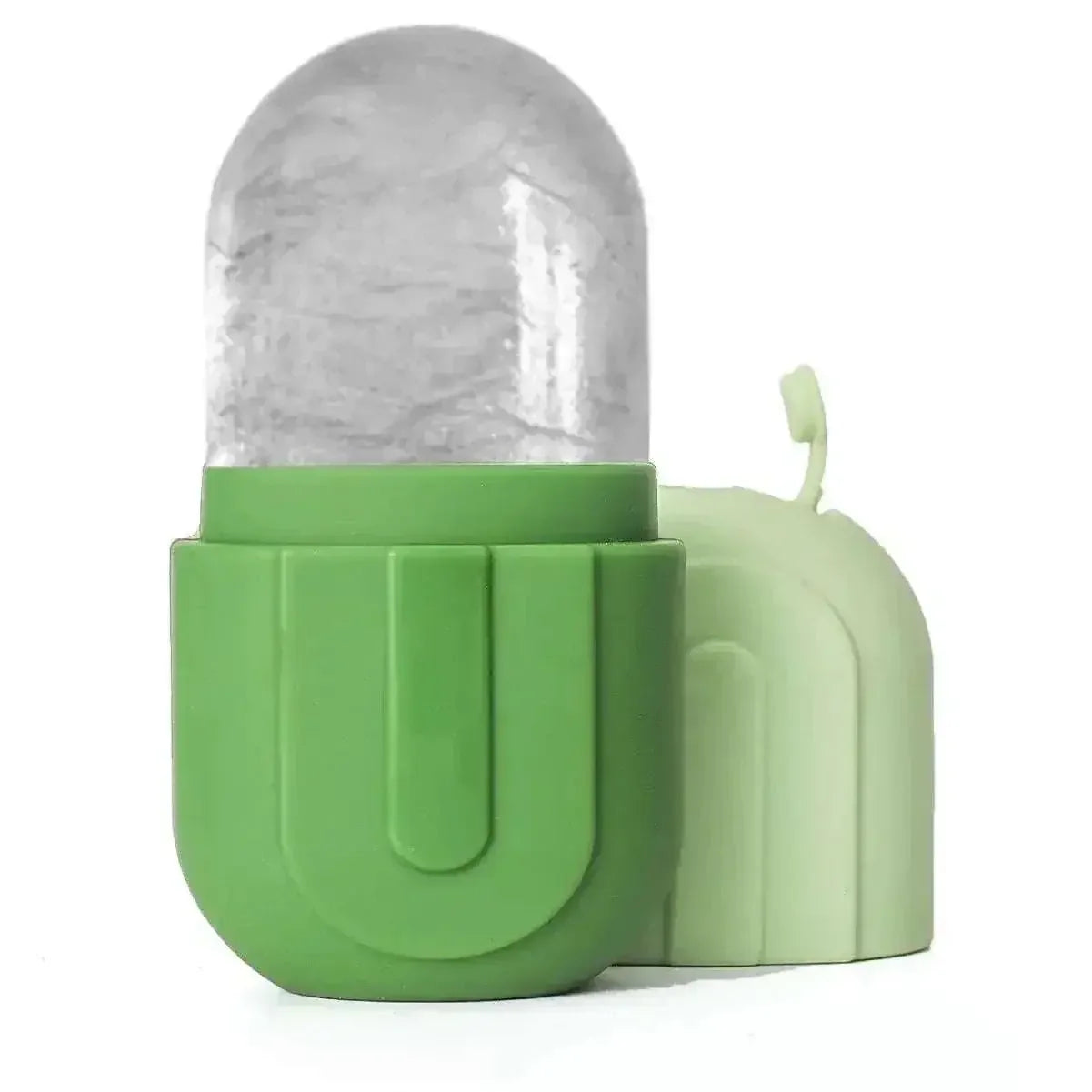Silicone ice roller for face with green handle and protective cap for skincare cooling therapy
