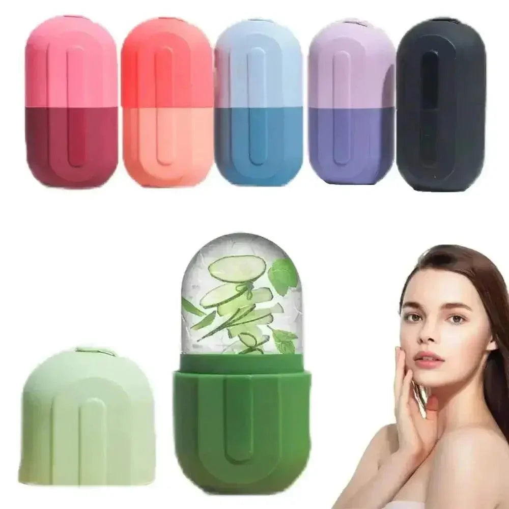 Silicone ice roller set with cases in various colors and a model demonstrating facial skincare use