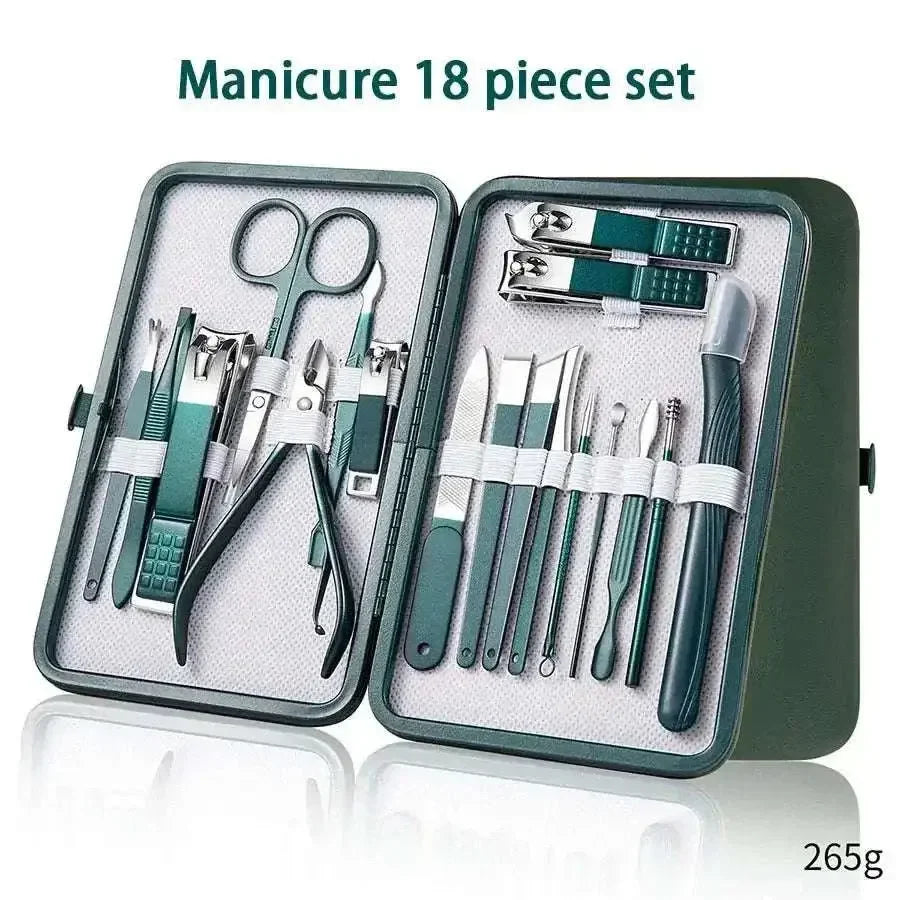 18-piece stainless steel manicure set with nail clippers, scissors, tweezers, and grooming tools in a portable leather case