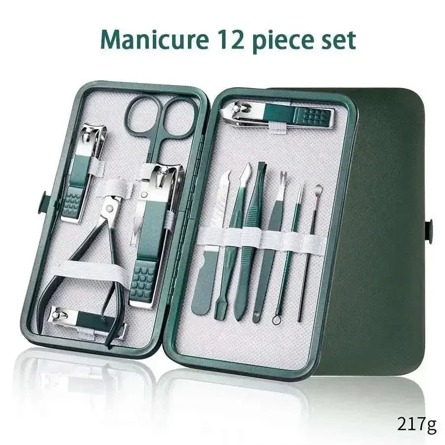 Stainless steel manicure set with 12 precision tools in a green leather travel case for professional nail care and grooming.
