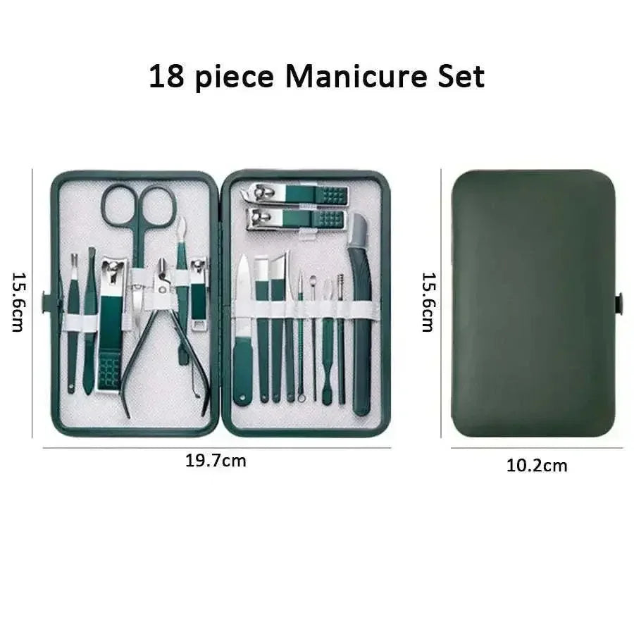 Compact stainless steel manicure set with 18 precision grooming tools in a portable green leather case
