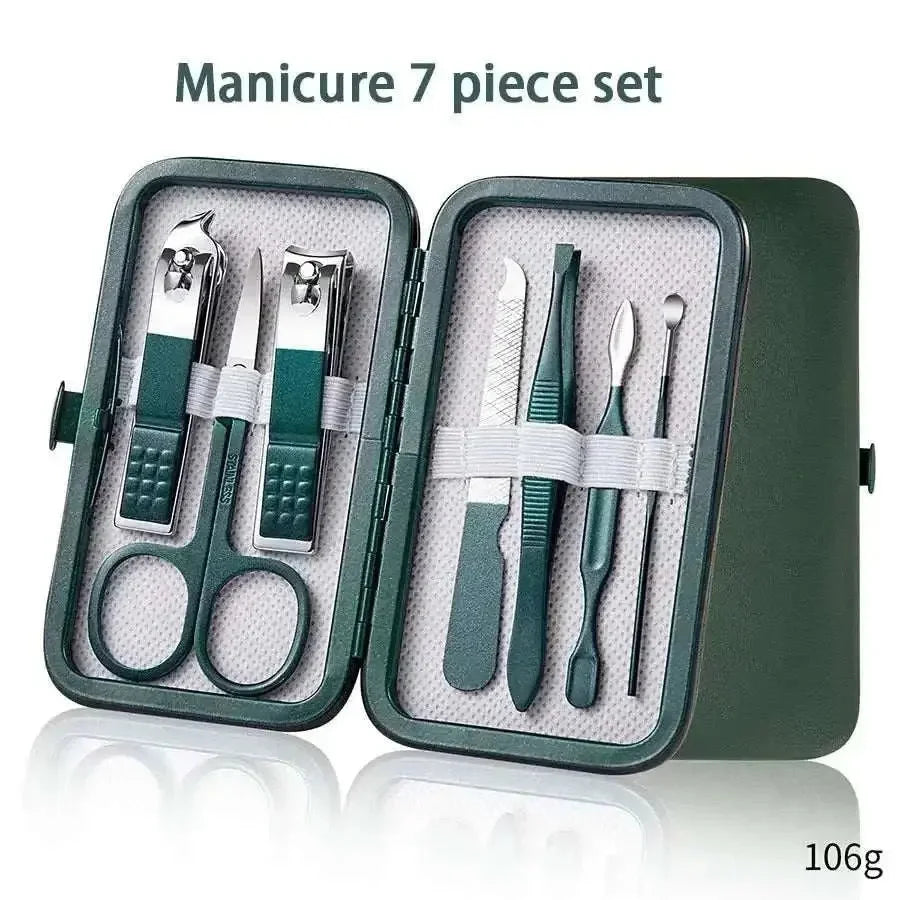 Stainless steel manicure set with 7 essential nail care tools in a compact travel case