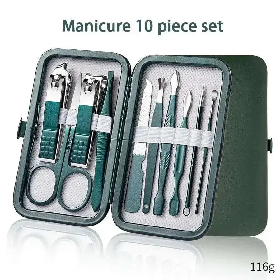 Stainless steel manicure set with ten precision grooming tools in a compact travel case