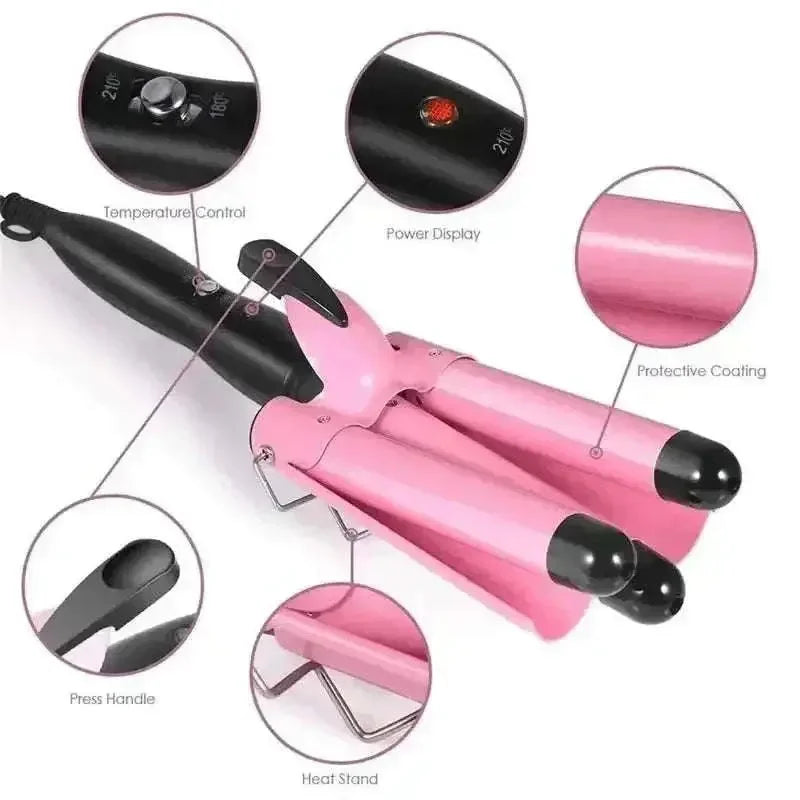 Pink Triple Barrel Hair Waver with ceramic coating, temperature control, power display, press handle, and heat stand for beach waves styling