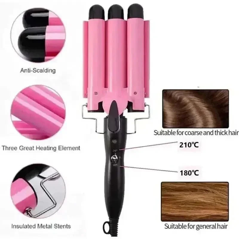 Pink and black Triple Barrel Hair Waver curling iron with ceramic coating, three heating elements, adjustable temperature settings for different hair types, and anti-scalding features.