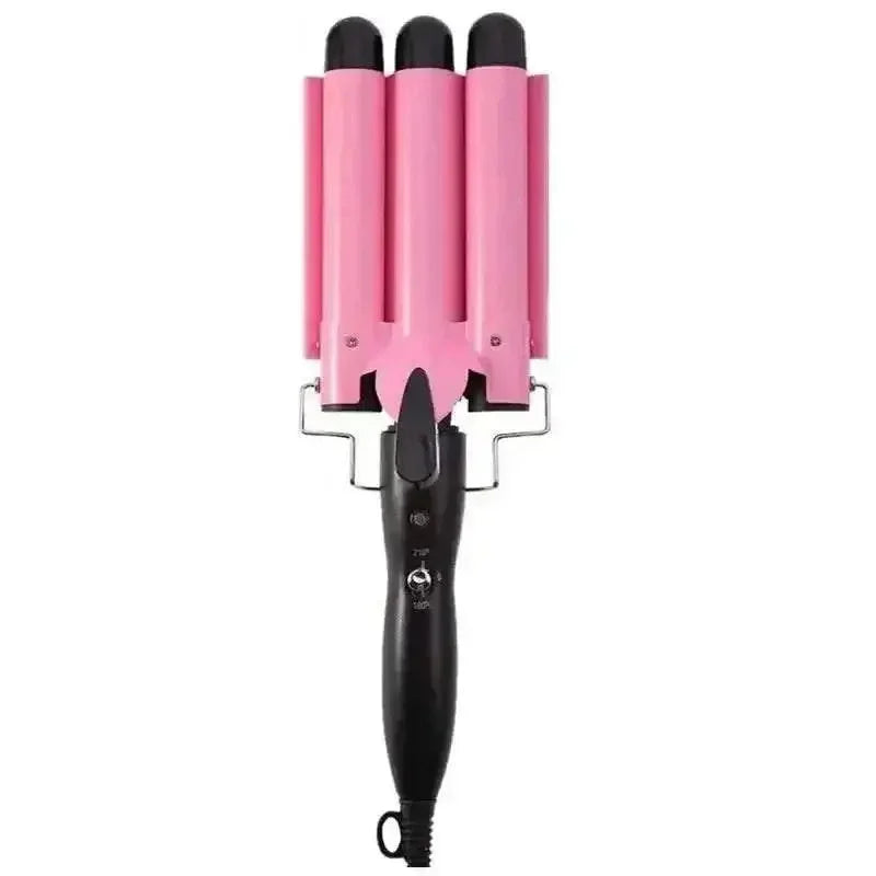 Pink and black triple barrel hair waver with ceramic barrels for creating beachy waves