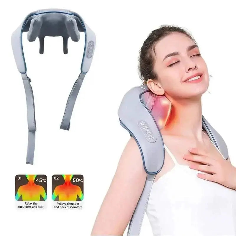 woman enjoying neck and shoulder massager with heat featuring Shiatsu kneading and air compression