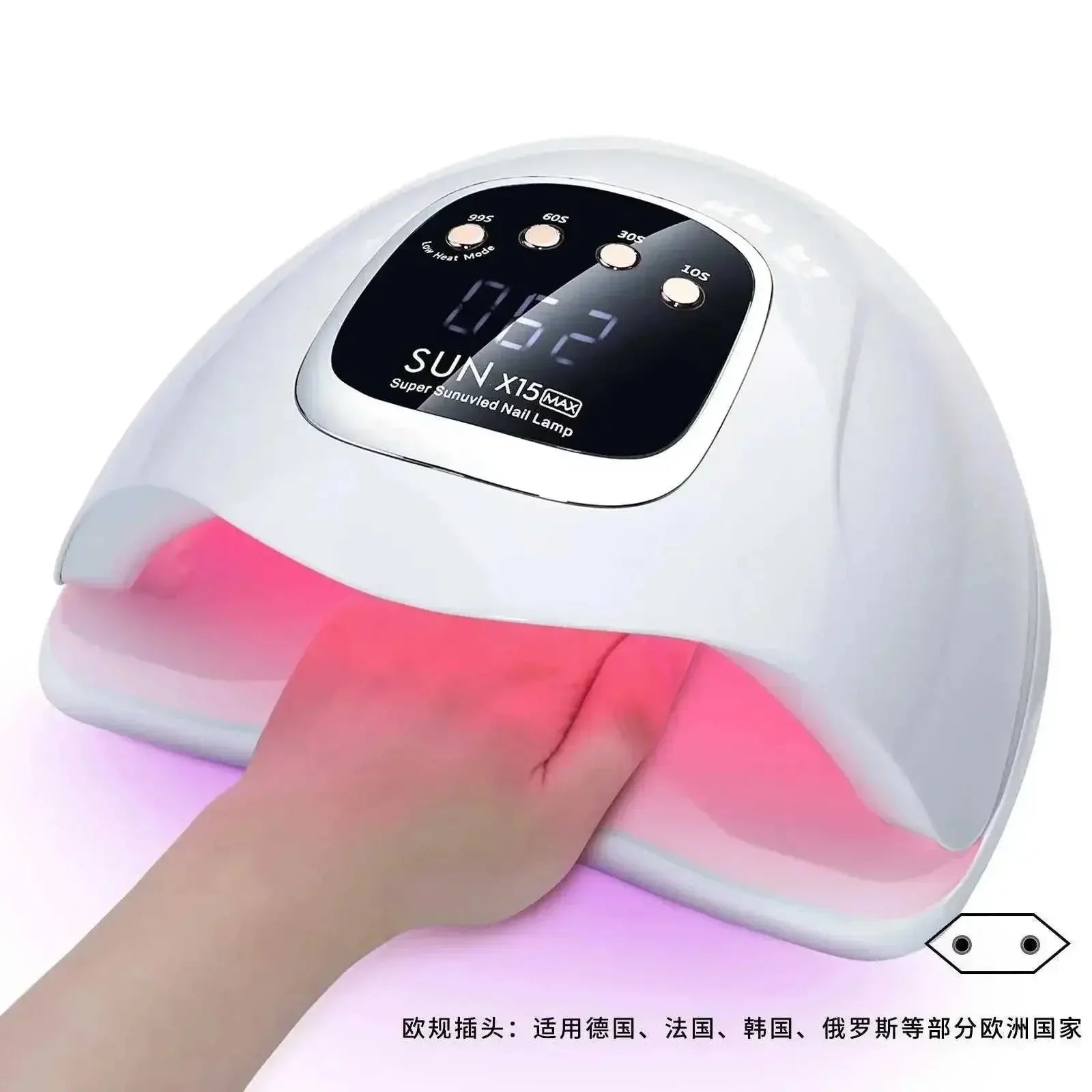 UV LED Nail Lamp with timer and sensor curing gel polish on hand