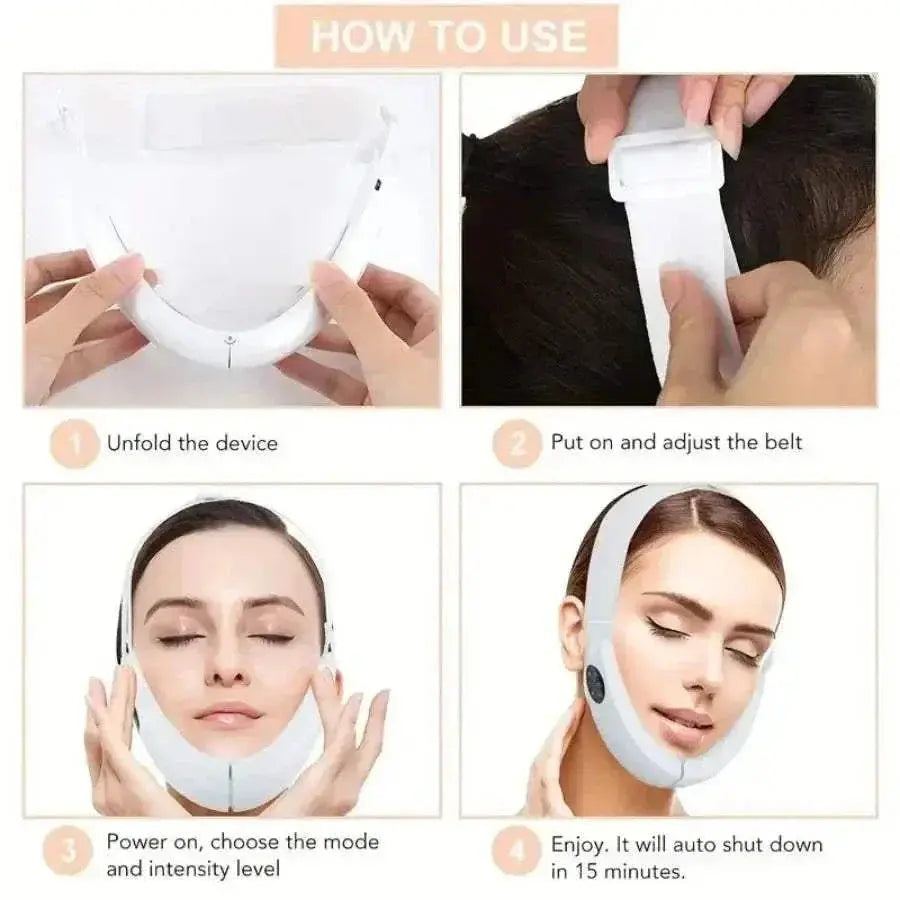 Woman using V-Line Face Lifting Device for jawline contouring and face lifting.