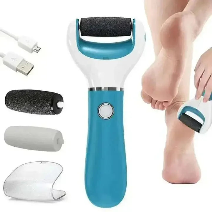 Wireless Electric Foot Grinder with rechargeable design, rotating head, and multiple attachments for removing dead skin and calluses, shown in use on feet.