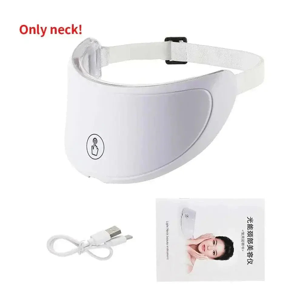 Wireless LED Light Therapy Mask for neck with adjustable strap, USB charging cable, and user manual, designed for skin rejuvenation and collagen boost.