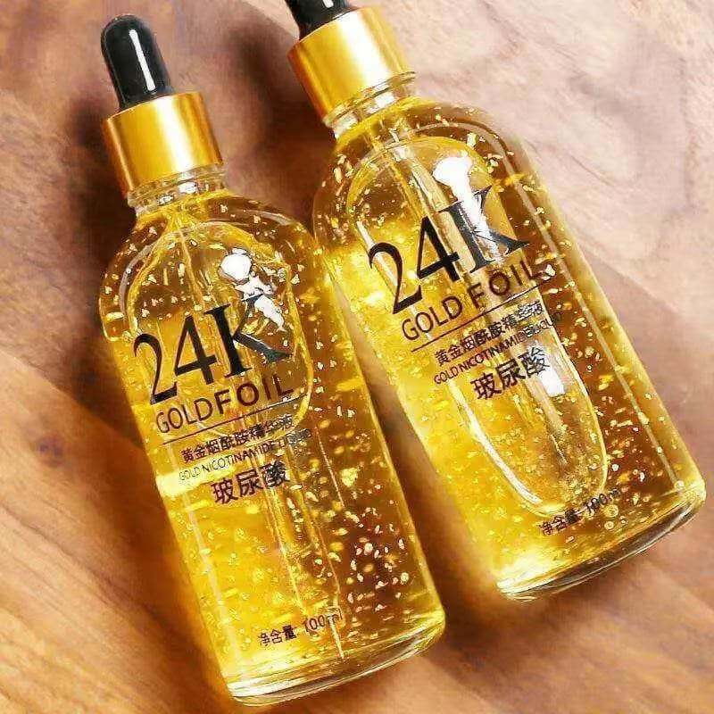 24K Gold Anti-Aging Face Serum bottles with hyaluronic acid and niacinamide for radiant, youthful skin, 100ml each