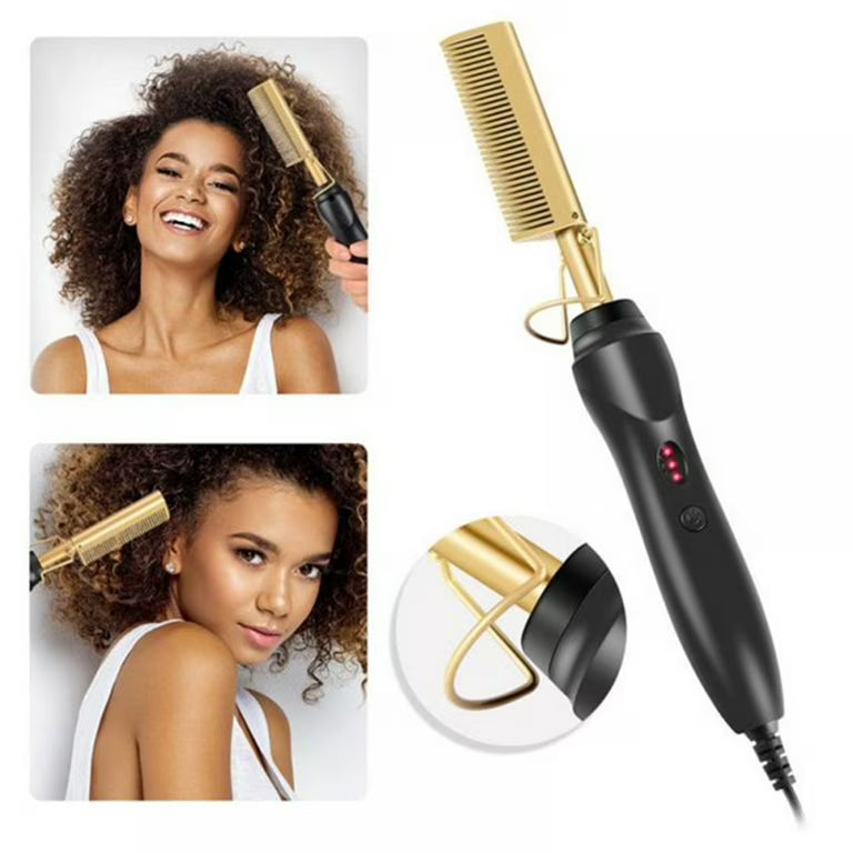 Hot Comb Hair Straightening Brush with gold comb and black ergonomic handle for smoothing curly hair