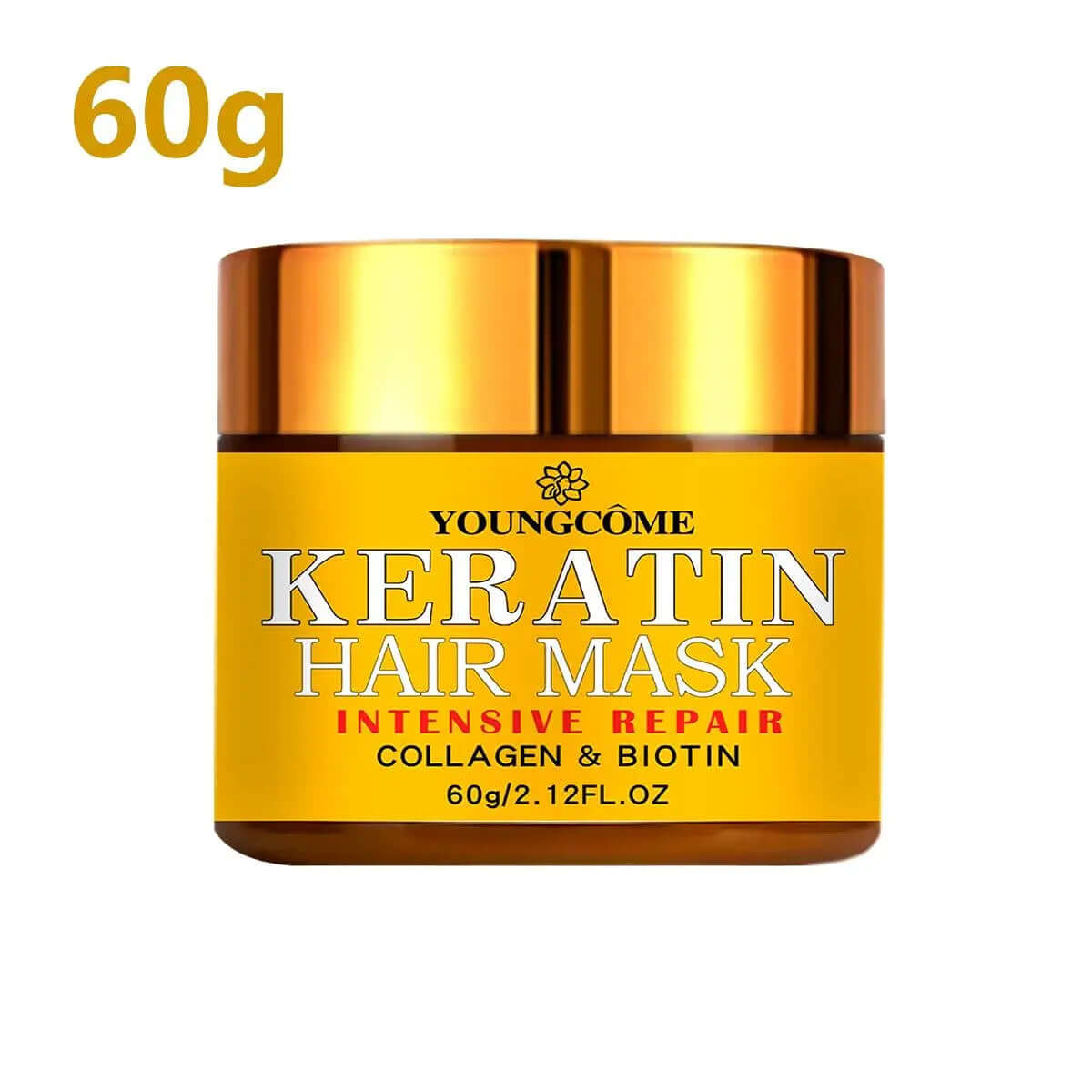 60g container of hair repair mask for damaged hair with biotin, collagen, and keratin