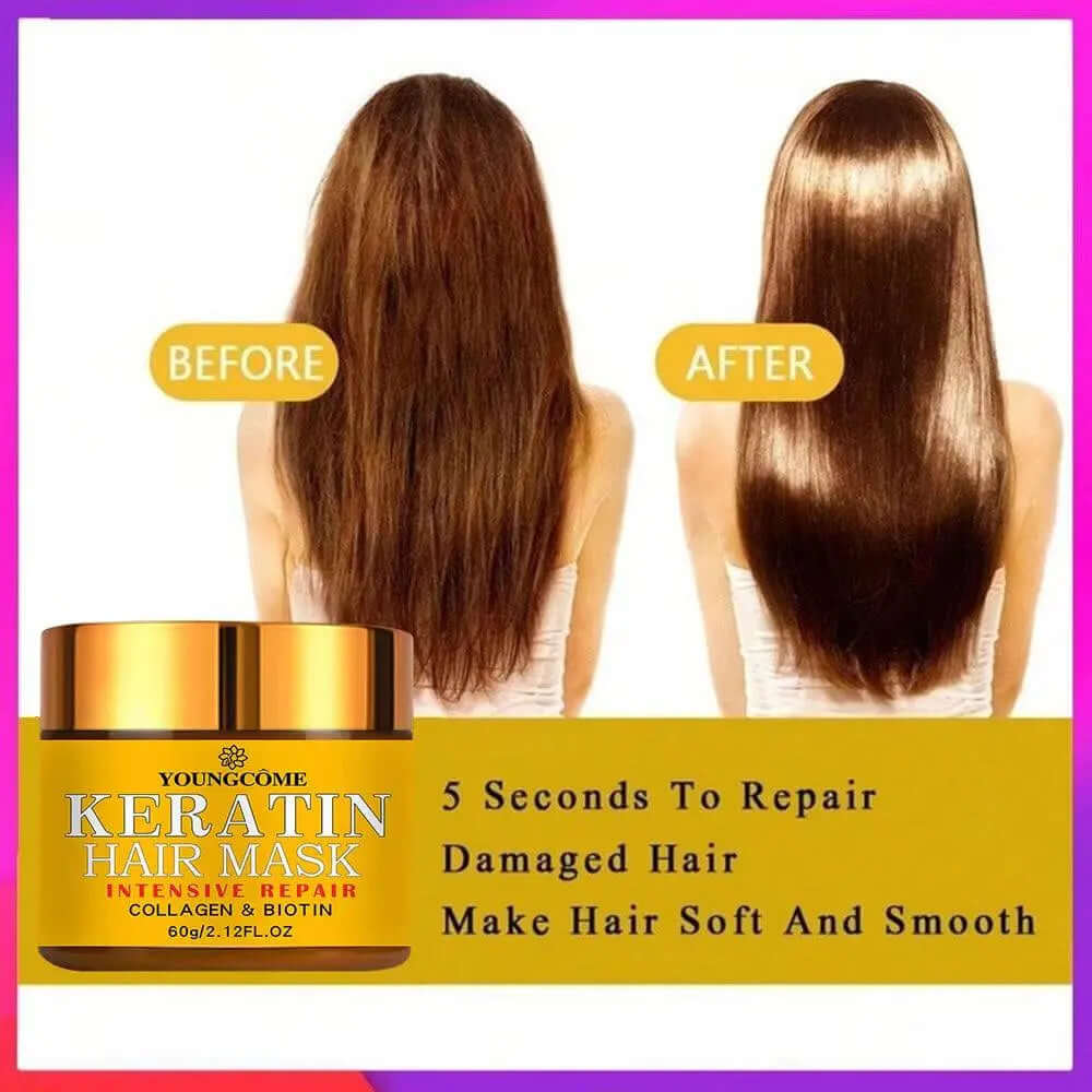 Before and after results of using hair repair mask for damaged hair with biotin and keratin treatment.