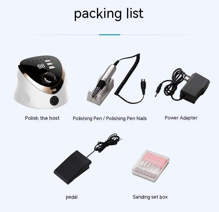 high speed nail removal device accessories including polishing pen, power adapter, pedal, and sanding set box.