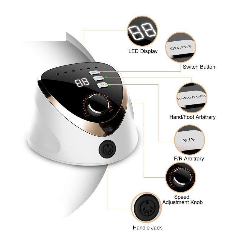 High speed nail removal device with LED display and speed adjustment knob for precise nail care.