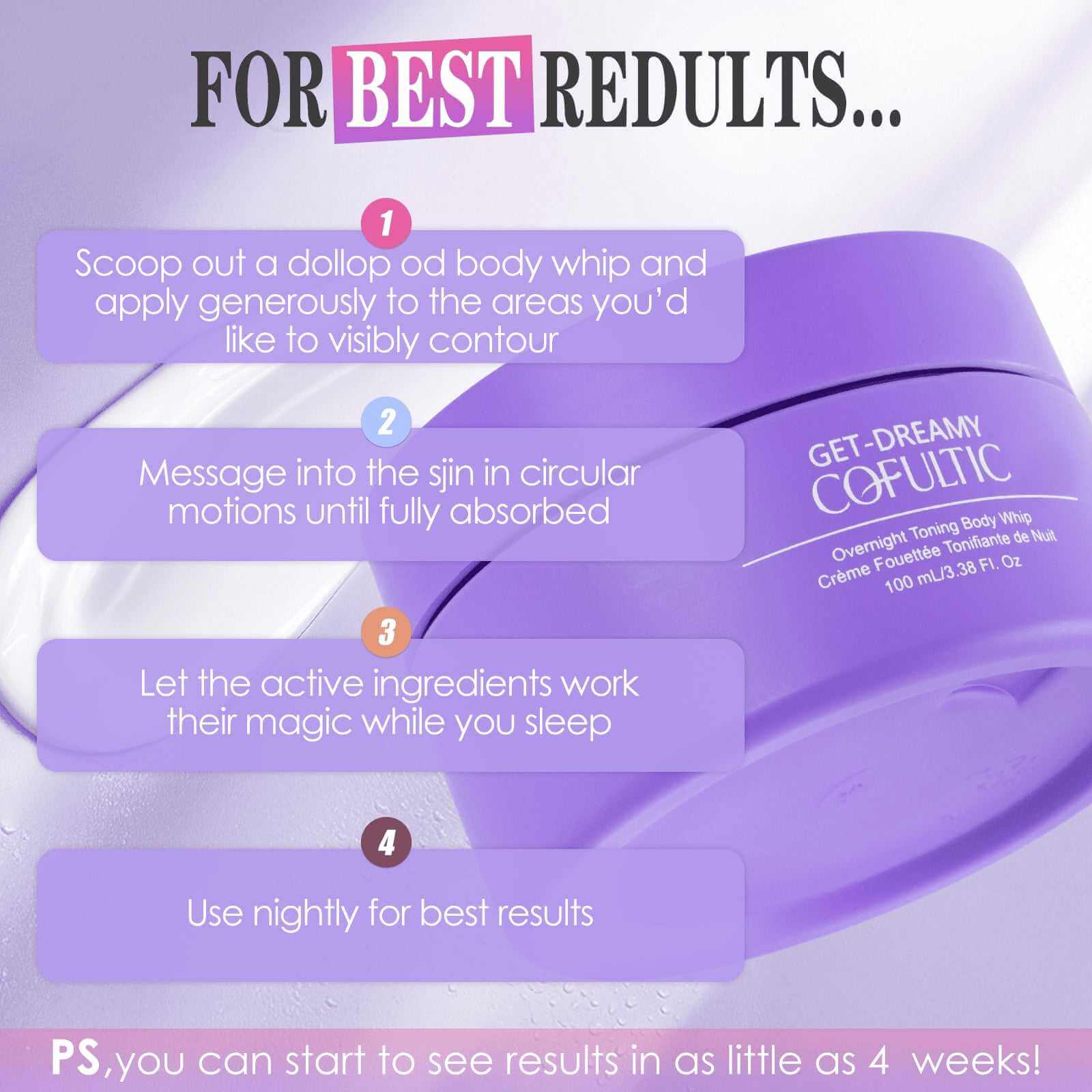 Instructional guide for night sleep tightening cream application with Cofultic Cream packaging in purple.