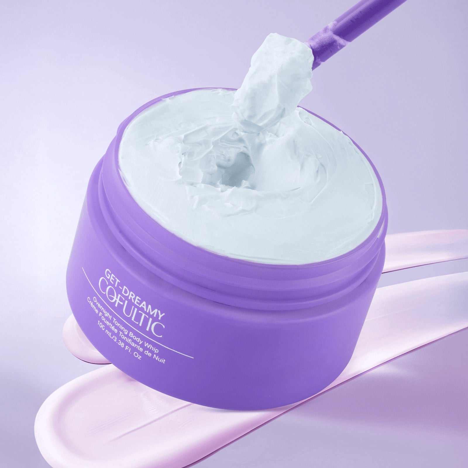 Cofultic night sleep tightening cream in a purple jar, 100ml. Dreamy Overnight Body Toning Whip for firm, rejuvenated skin.