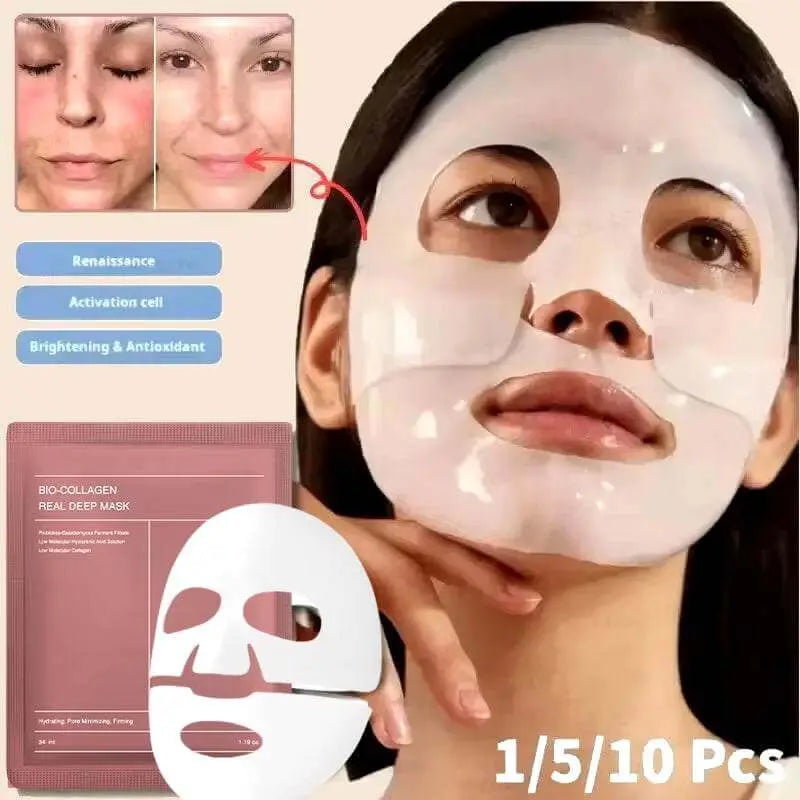 collagen lifting face mask Woman using collagen lifting face mask for hydrating anti-wrinkle treatment