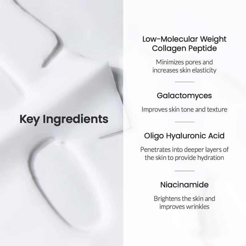 collagen lifting face mask Key ingredients for collagen lifting face mask: collagen peptide, galactomyces, hyaluronic acid, niacinamide for anti-wrinkle care.