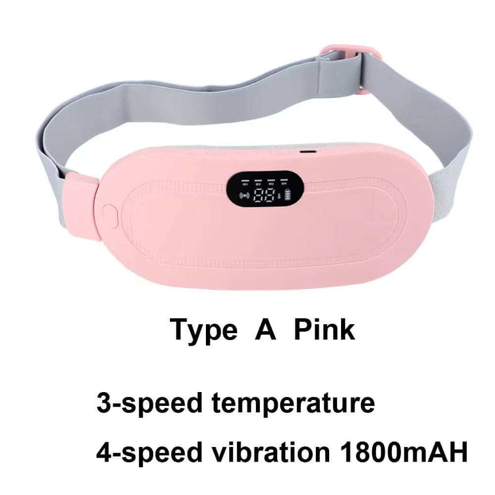 Pink electric period cramp massager with adjustable belt, 3-speed heat, 4-speed vibration, rechargeable 1800mAH battery