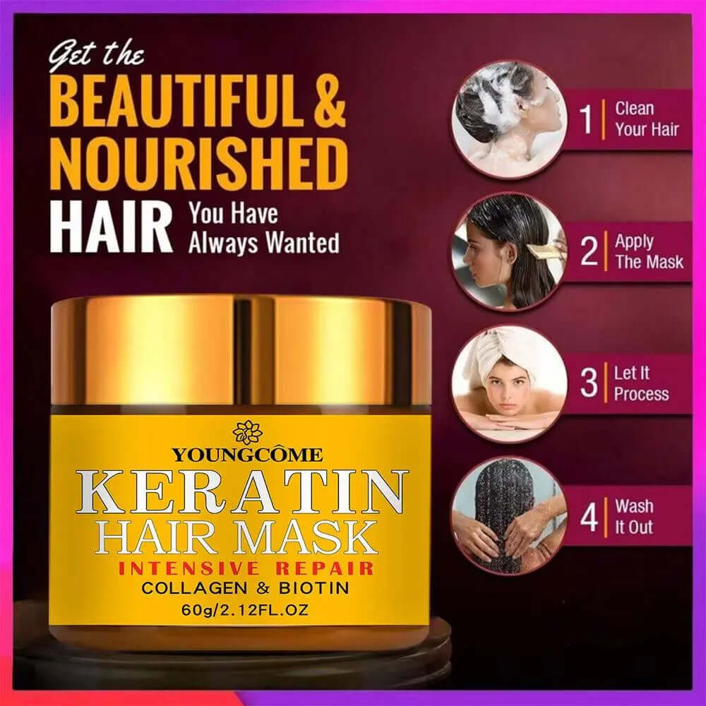Hair repair mask for damaged hair with biotin and keratin for beautiful, nourished hair; steps to apply included on image
