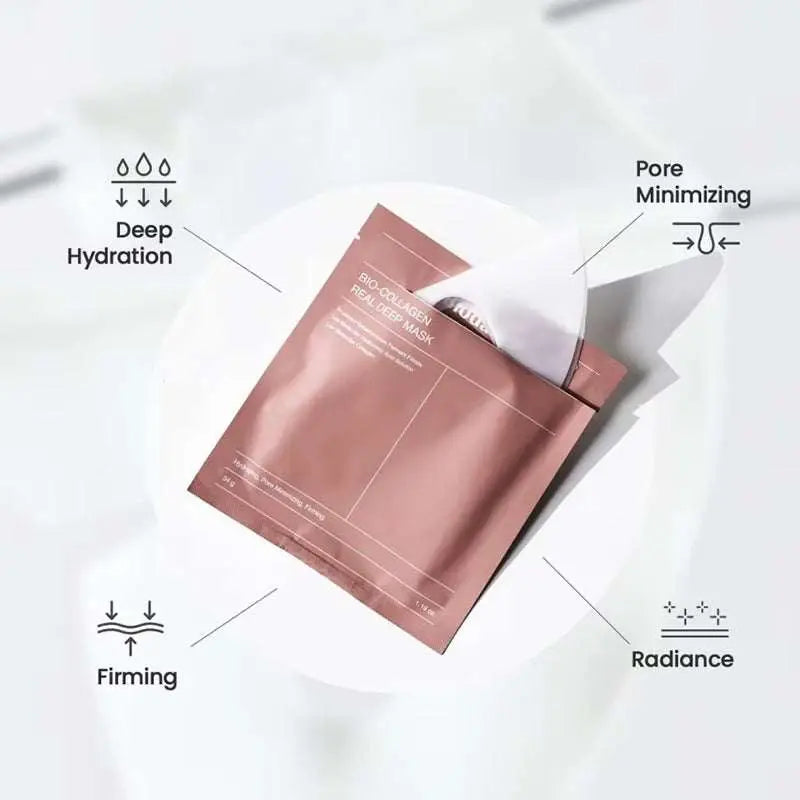 collagen lifting face mask Packaging of collagen lifting face mask with benefits: deep hydration, pore minimizing, firming, and radiance enhancement.