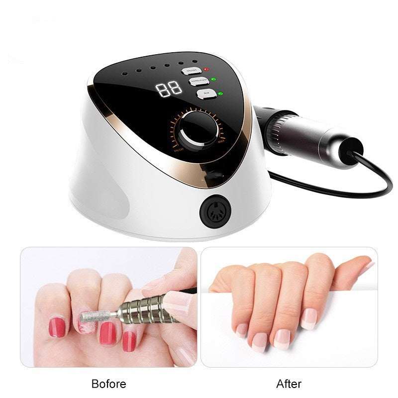 High speed nail removal device with piercing and grinding machine features, before and after results shown with manicured nails.