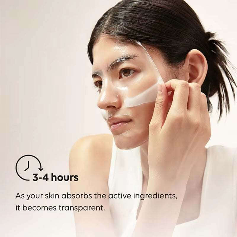 collagen lifting face mask Woman applying collagen lifting face mask for hydration and wrinkle reduction.