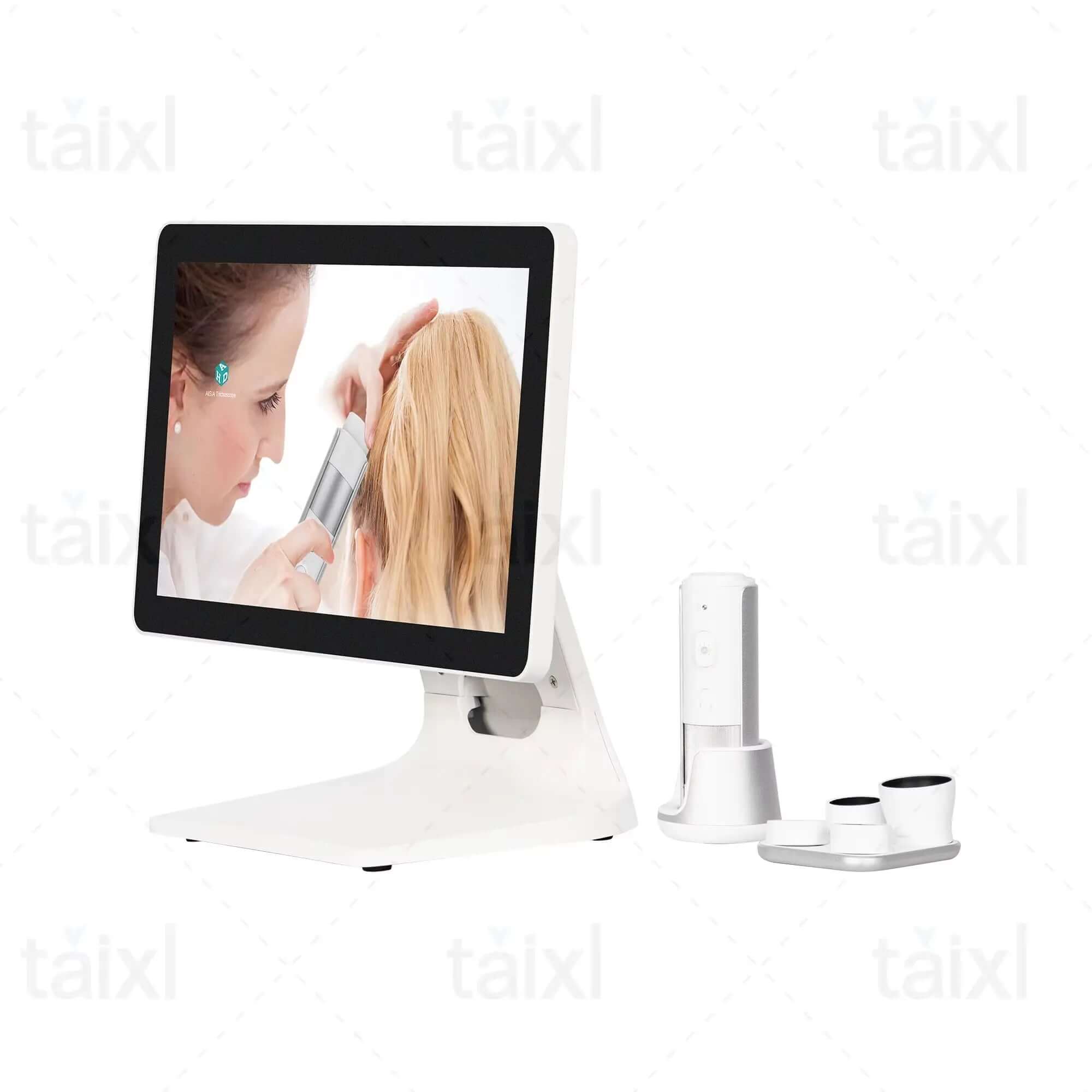 Professional scalp care therapy hair analyzer with 4-probe HD device for evaluating scalp and hair health displayed on screen.
