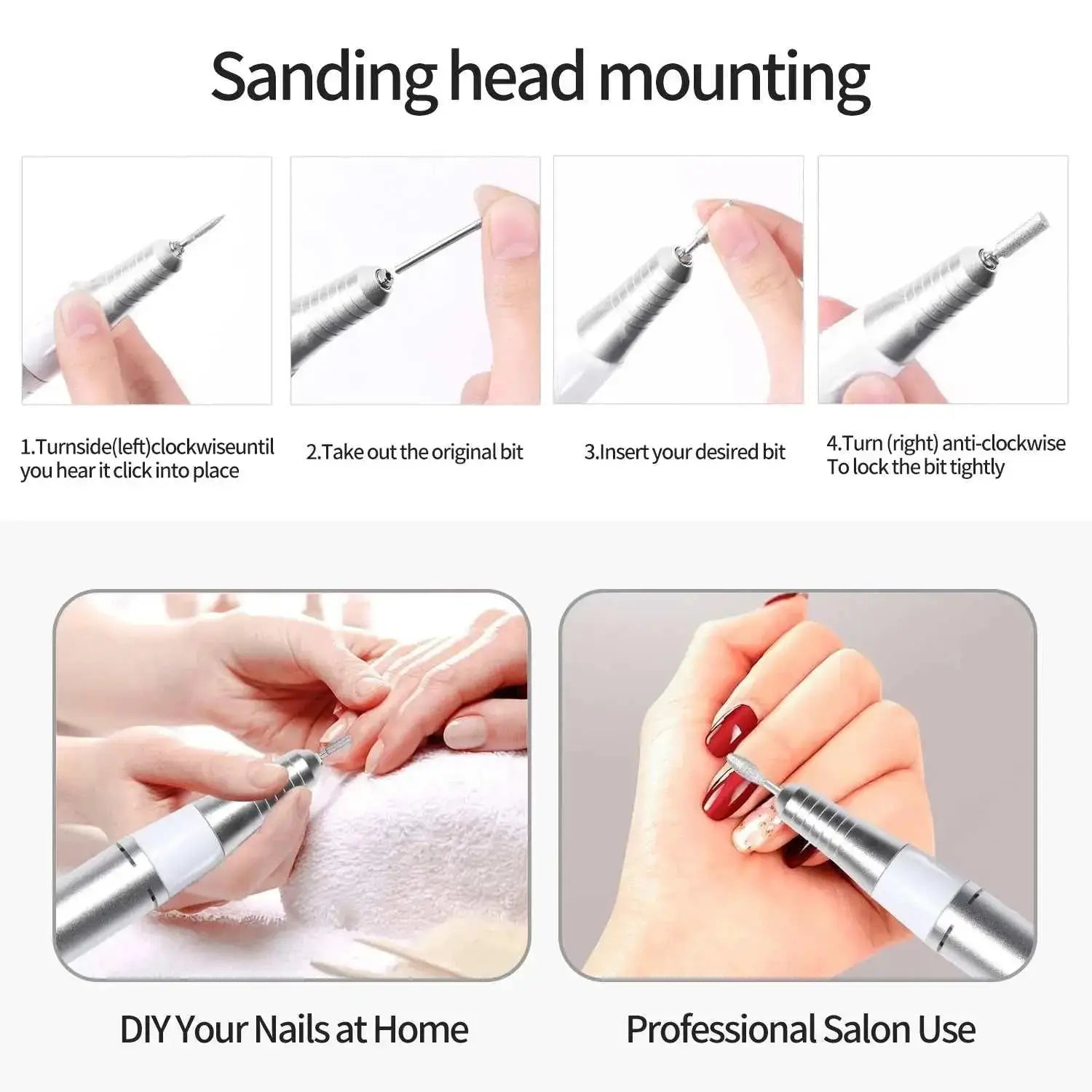 Sanding head mounting for 35000RPM electric nail drill set, DIY nails at home or professional salon use.