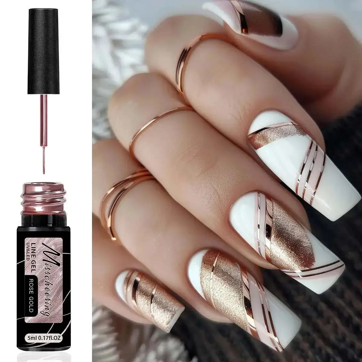 Chrome mirror nail gel with gold silver metallic liner and super bright effect on nails, Misscheering brand, UV LED semi-permanent.