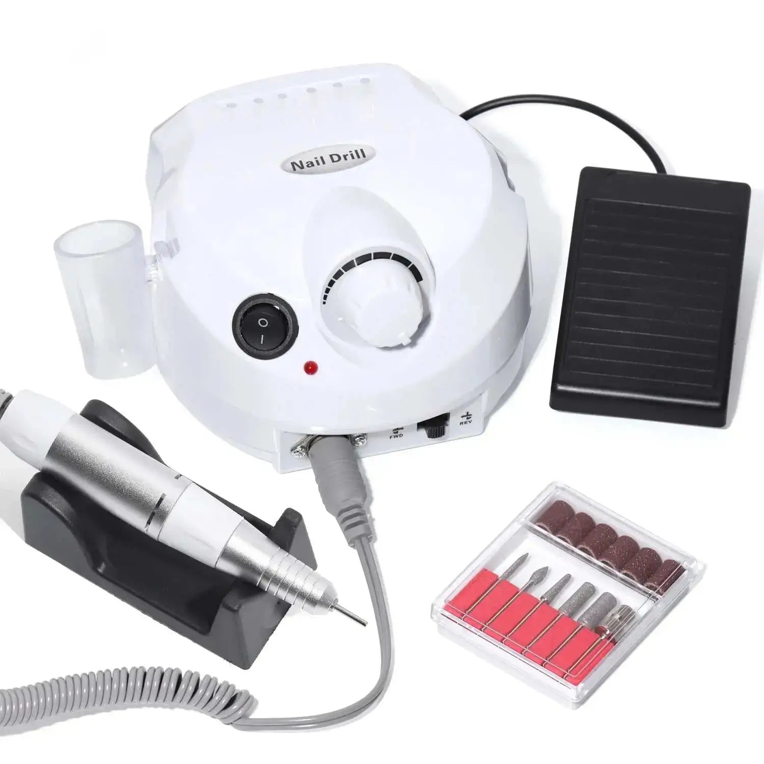 35000RPM electric nail drill set with accessories, including cutter, foot pedal, and drill bits for manicure and pedicure.