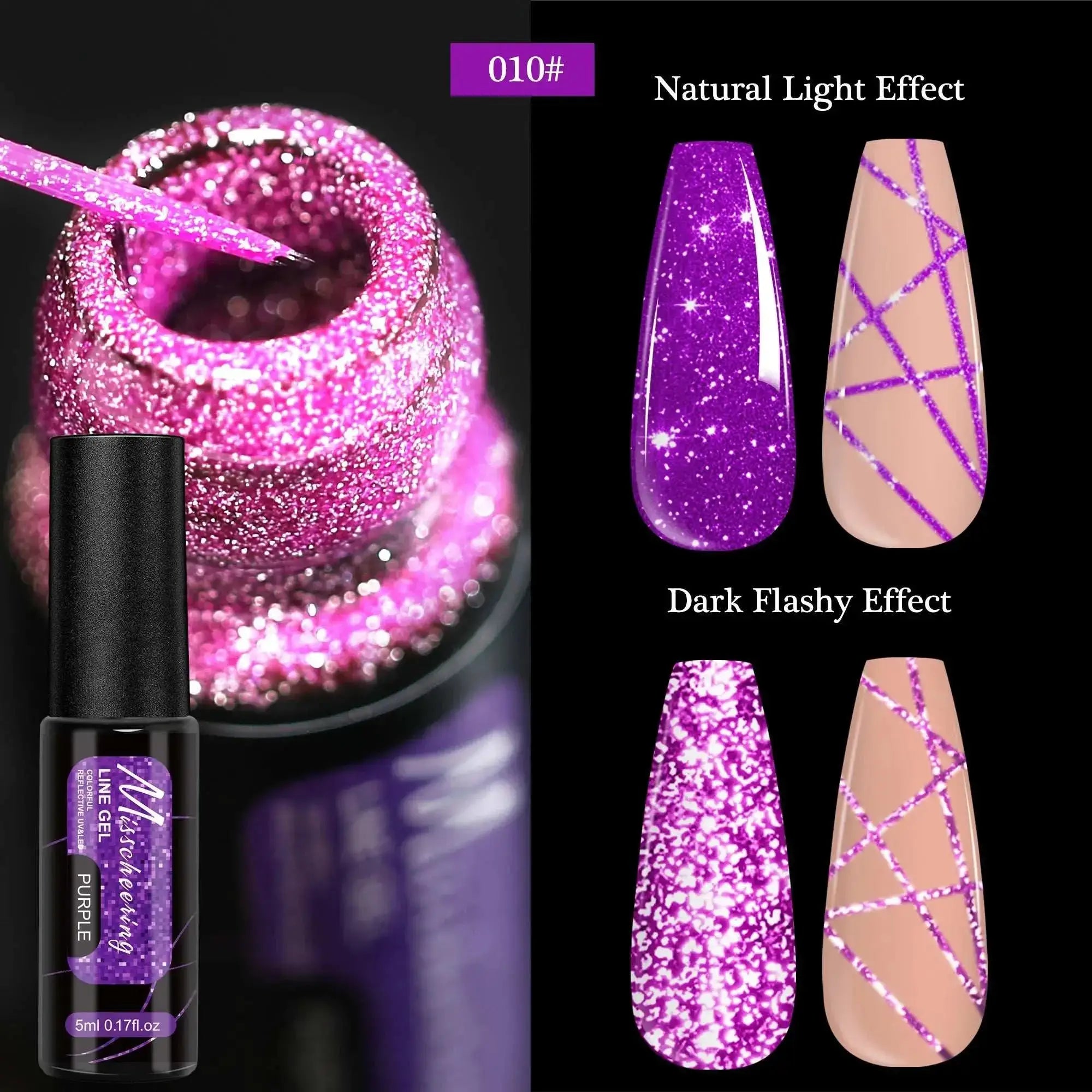 chrome mirror nail gel Purple glitter nail gel 010 with natural and dark light effects on nails.
